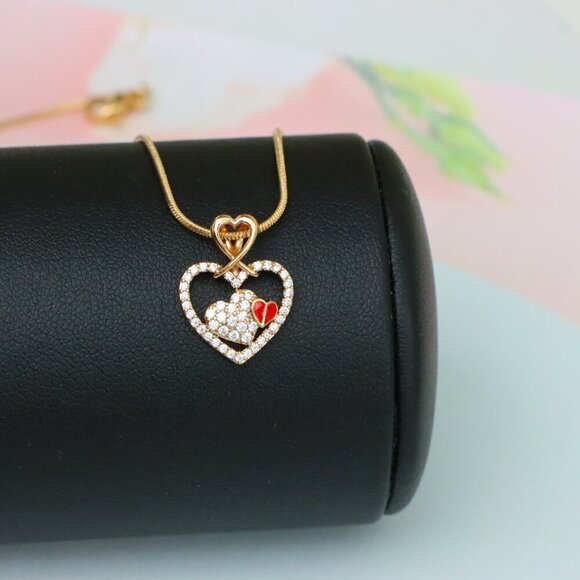 "Heart-Shaped Rose Gold Pendant with Red Accent and CZ Detailing, XPPT1518 - Picture 3 of 13